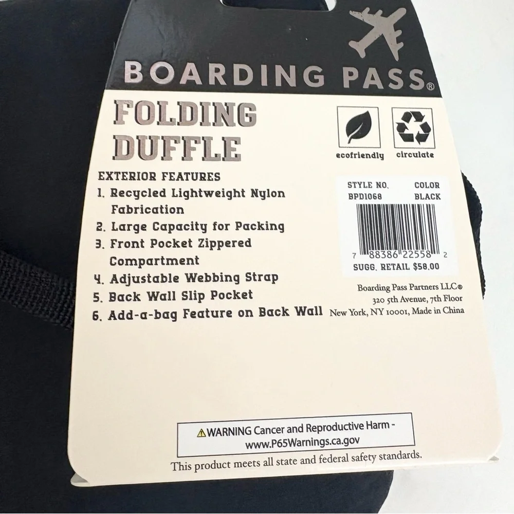NWT Boarding Pass Black Packable Travel Lightweight Duffel Bag New With Tags